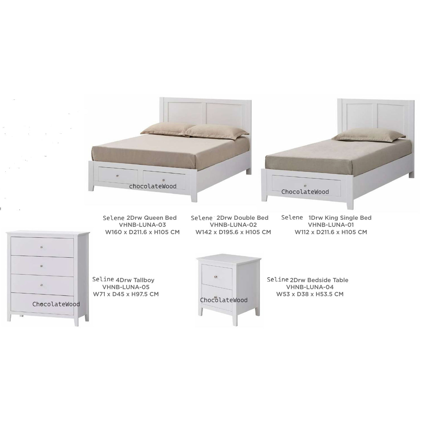 Selene Rubberwood Bed in White - shown as part of a bedroom suite, sold separately - Chocolate Wood