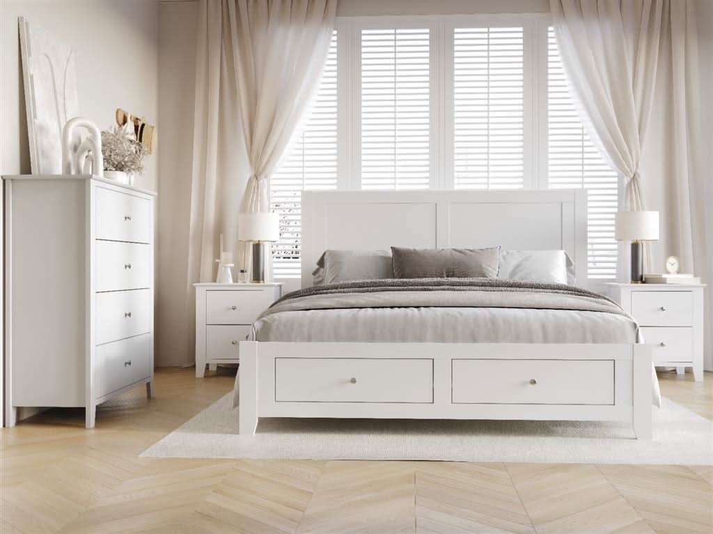 SELENE RUBBERWOOD 4 PIECE BEDROOM SUITE: 2-DRAWER QUEEN BED 2 BEDSIDE TABLES TALLBOY - MyChocolateWood