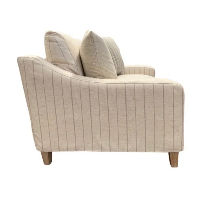 SERVINI FABRIC 1.5 SEATER LOUNGE SOFA CALANTINO STRIPE WITH CONTRASTING THROWS - MyChocolateWood