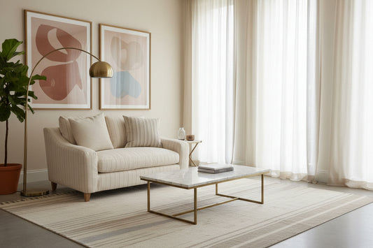 SERVINI FABRIC 1.5 SEATER LOUNGE SOFA CALANTINO STRIPE WITH CONTRASTING THROWS - MyChocolateWood