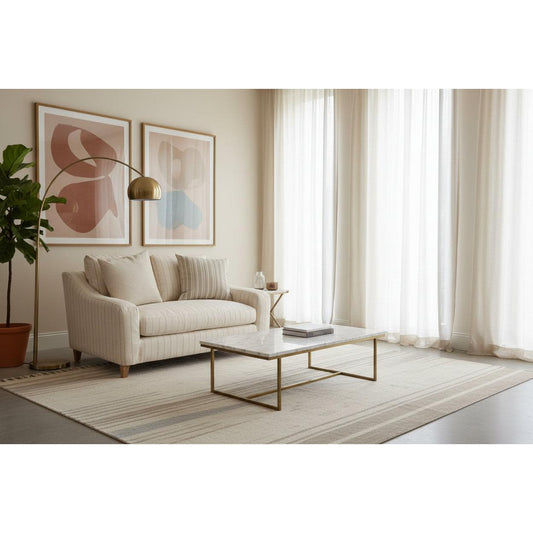 SERVINI FABRIC 1.5 SEATER LOUNGE SOFA CALANTINO STRIPE WITH CONTRASTING THROWS - MyChocolateWood