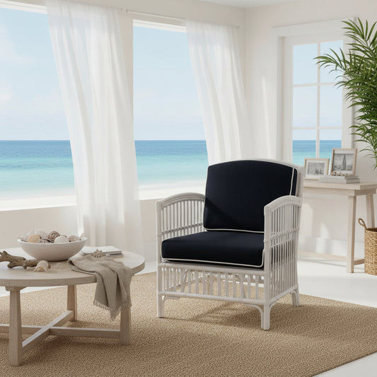 SHIPTON HAMPTONS RATTAN ARMCHAIR IN WHITE/NAVY CUSHION  - MyChocolateWood