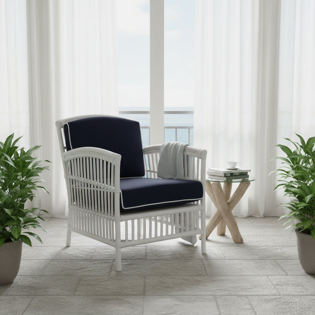 SHIPTON HAMPTONS RATTAN ARMCHAIR IN WHITE/NAVY CUSHION  - MyChocolateWood