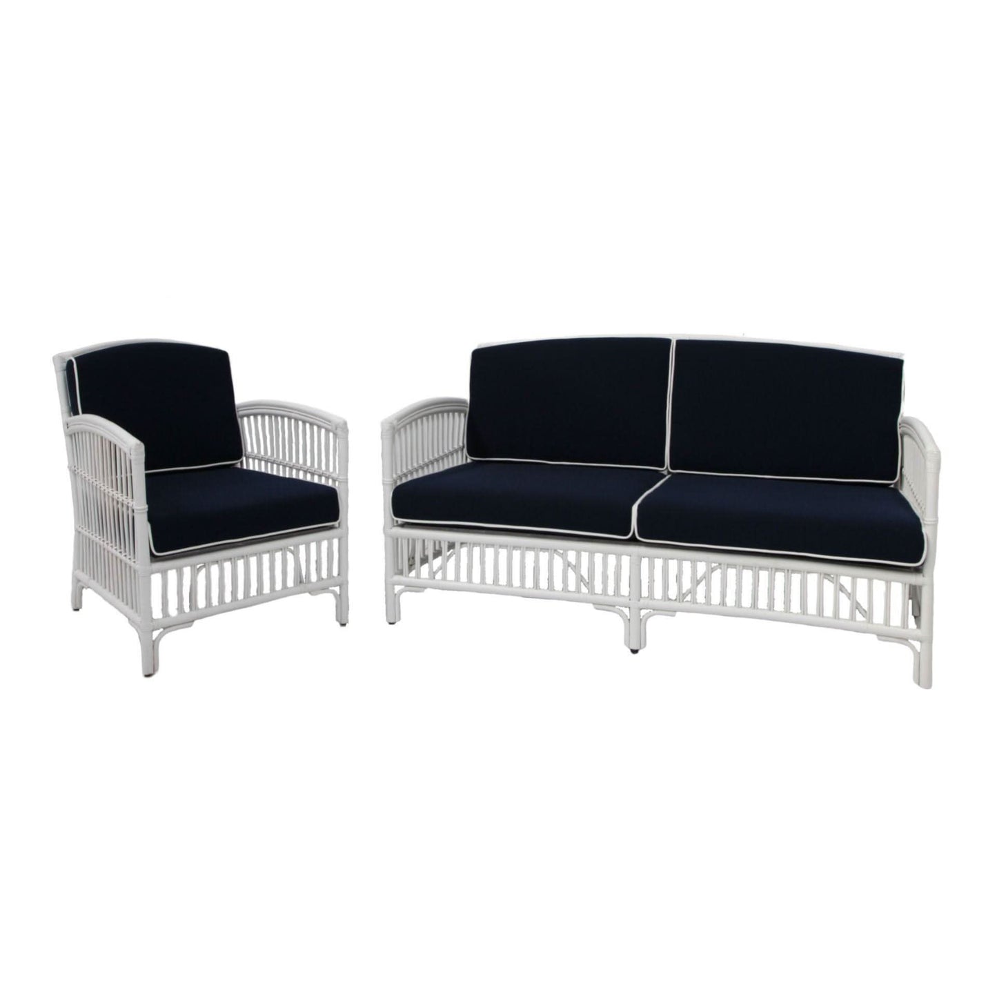 SHIPTON RATTAN 2.5 SEATER SOFA SETTEE COUCH WHITE/NAVY CUSHIONS WITH AN ADDITIONAL OUTDOOR CUSHION COVER IN BROWN & WHITE STRIPE - MyChocolateWood