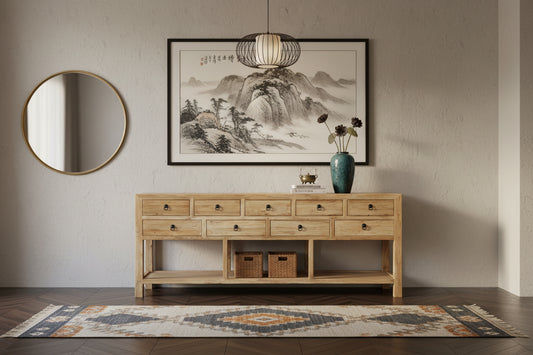 SHULI CHINESE ANTIQUE REPRODUCTION 9-DRAWER HALL TABLE WITH SHELF RECLAIMED ELM - MyChocolateWood