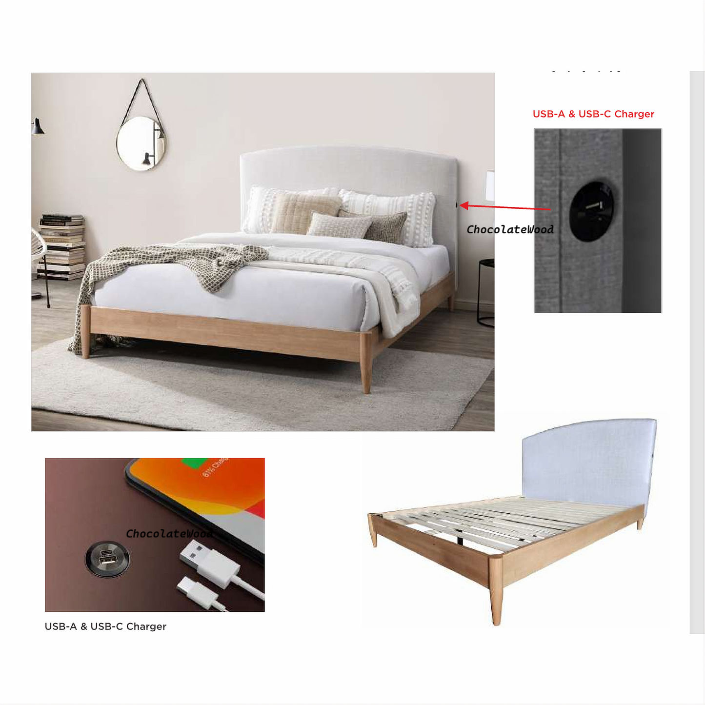 Solene Fabric Bed with Upholstered Bedhead & USB in Sandstone, Double - Chocolate Wood
