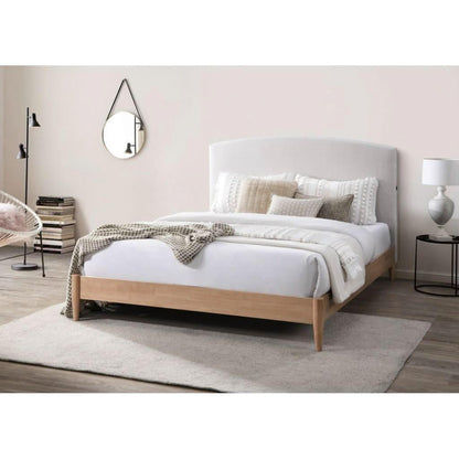 Solene Fabric Bed with Upholstered Bedhead & USB in Sandstone, Double - Chocolate Wood
