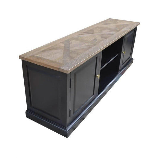 Handcrafted SORANZO Mango Wood TV unit with 2 doors, 1 shelf, parquet top in oak and black finish, from MyChocolateWood.