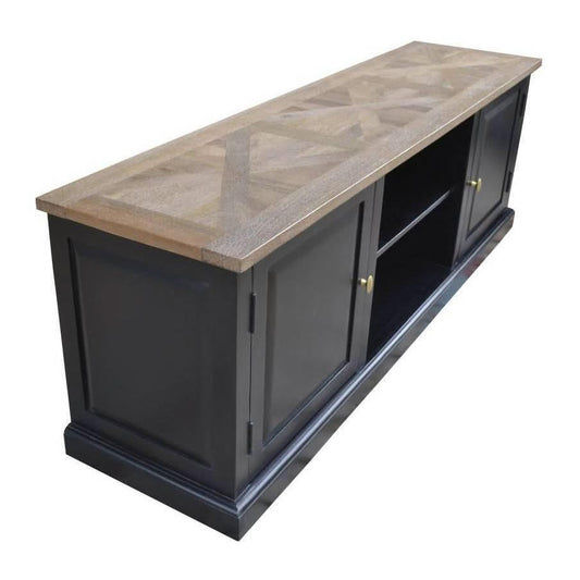 Handcrafted SORANZO Mango Wood TV unit with 2 doors, 1 shelf, parquet top in oak and black finish, from Chocolate Wood.