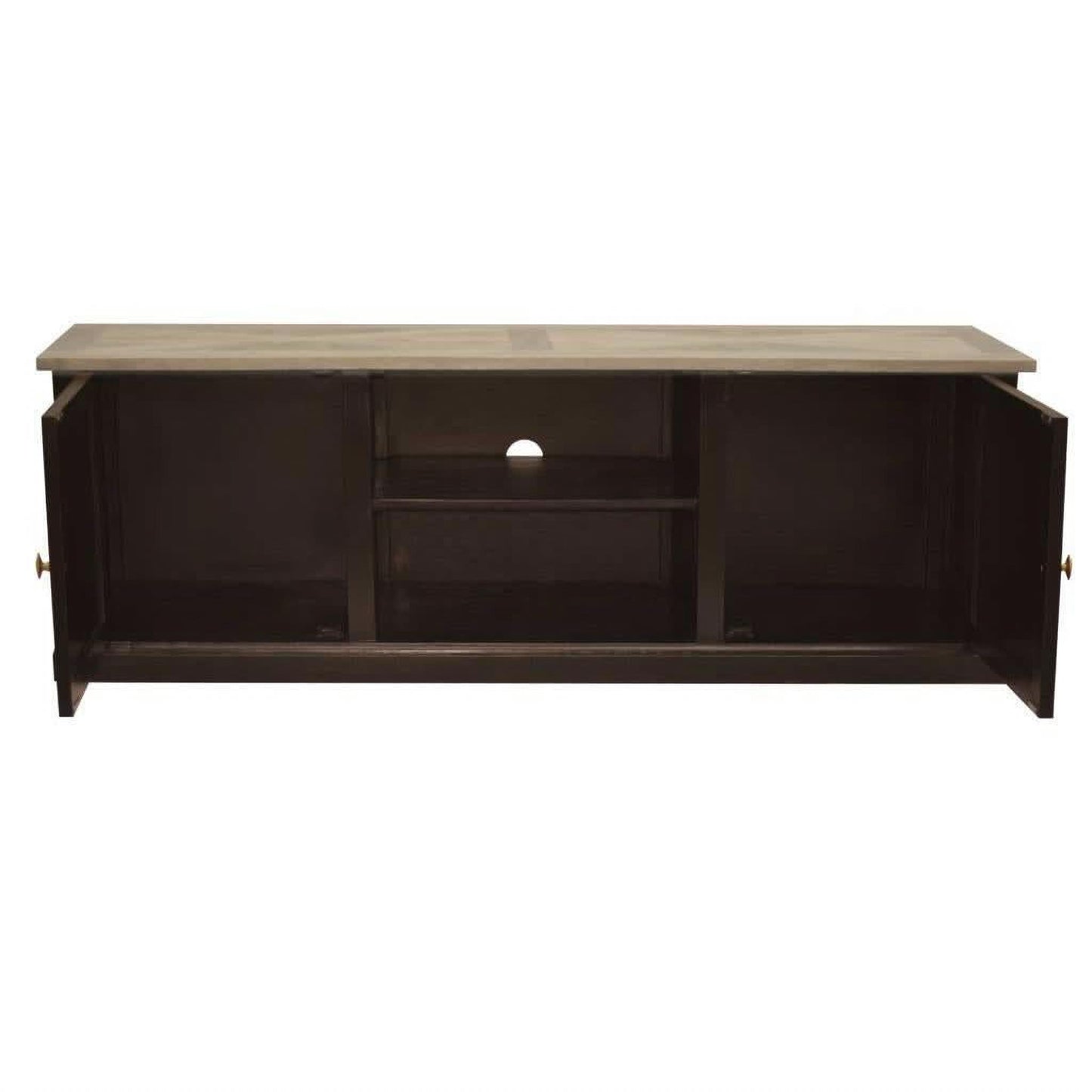 Handcrafted SORANZO Mango Wood TV unit with two doors, one shelf, parquet top in oak and black finish by MyChocolateWood.