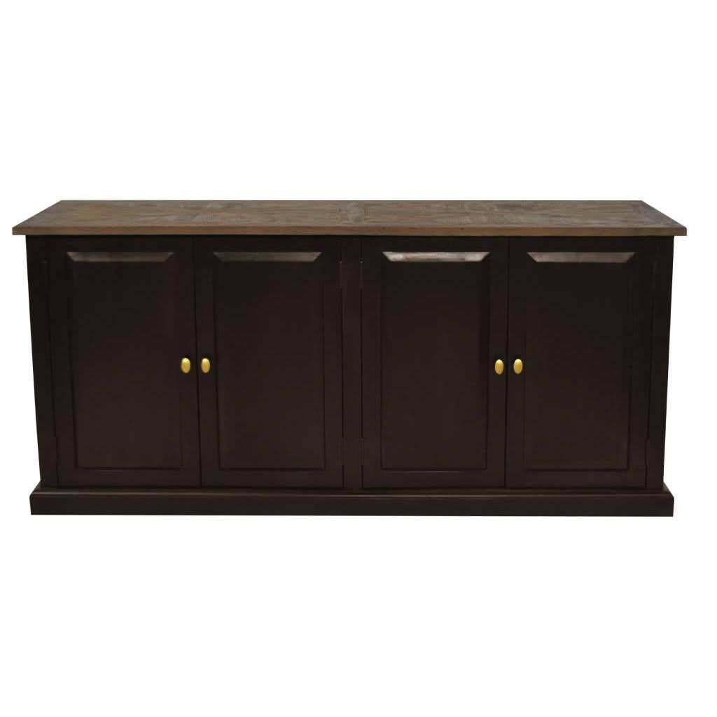 Handcrafted SORANZO Mango Wood 4-door buffet sideboard with parquet top in oak and black finish, showcasing elegant wood craftsmanship.