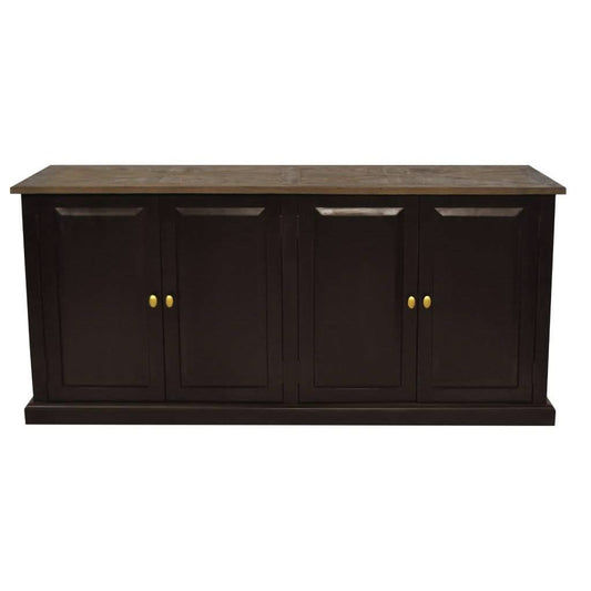 Handcrafted SORANZO Mango Wood 4-door buffet sideboard with parquet top in oak and black finish, showcasing elegant wood craftsmanship.