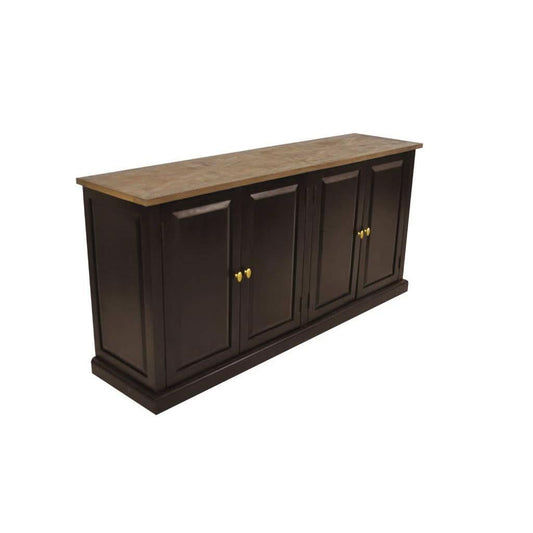 Handcrafted SORANZO Mango Wood 4-door buffet sideboard with parquet top in oak and black finish, showcasing artisanal craftsmanship.