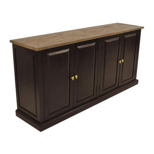 Handcrafted SORANZO Mango Wood 4-door buffet sideboard with parquet top in oak and black finish, showcasing artisanal craftsmanship.