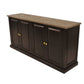 Handcrafted SORANZO Mango Wood 4-door buffet sideboard with parquet top in oak and black finish, showcasing natural wood grain details.