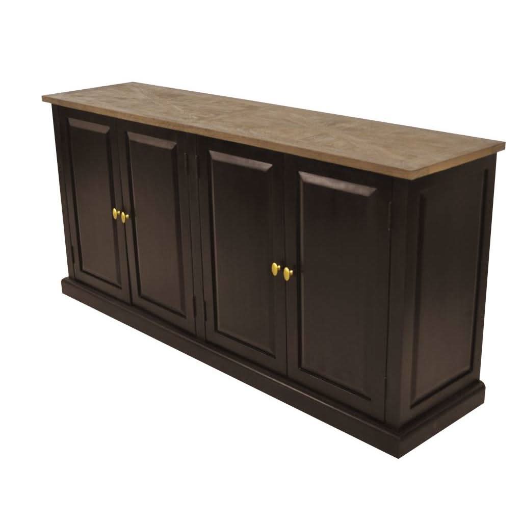 Handcrafted SORANZO Mango Wood 4-door buffet sideboard with parquet top in oak and black finish, showcasing natural wood grain details.
