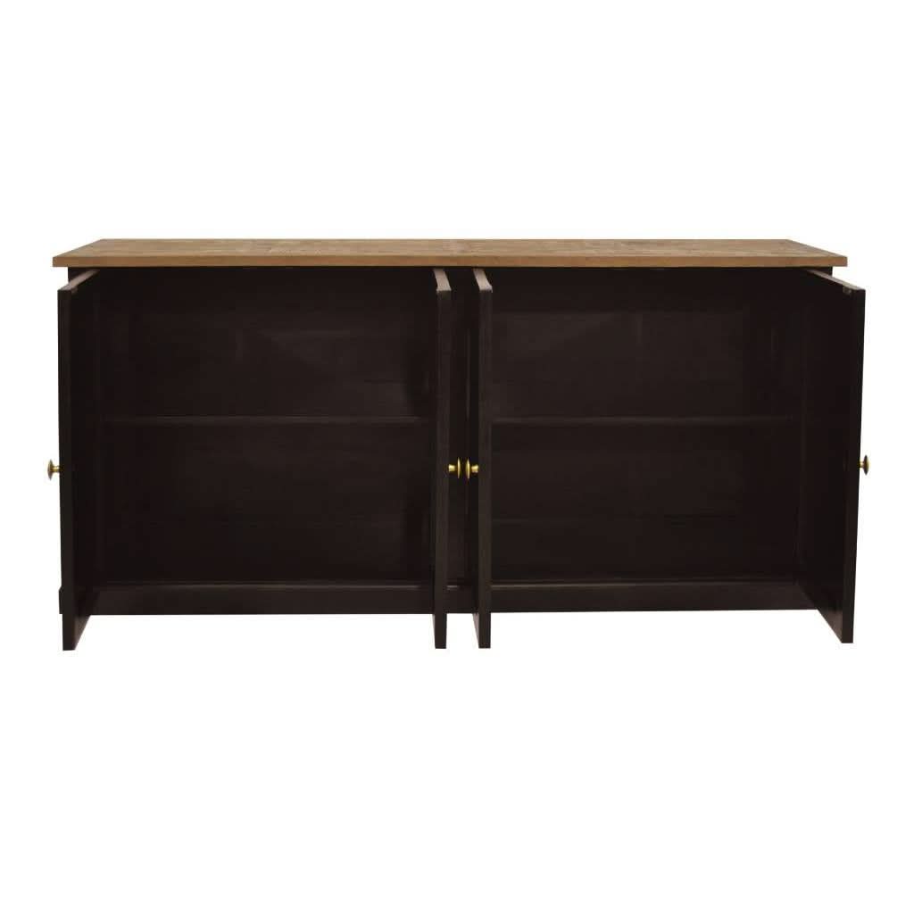 Handcrafted SORANZO Mango Wood 4-door buffet sideboard with parquet top in oak and black finish, showcasing artisanal craftsmanship.