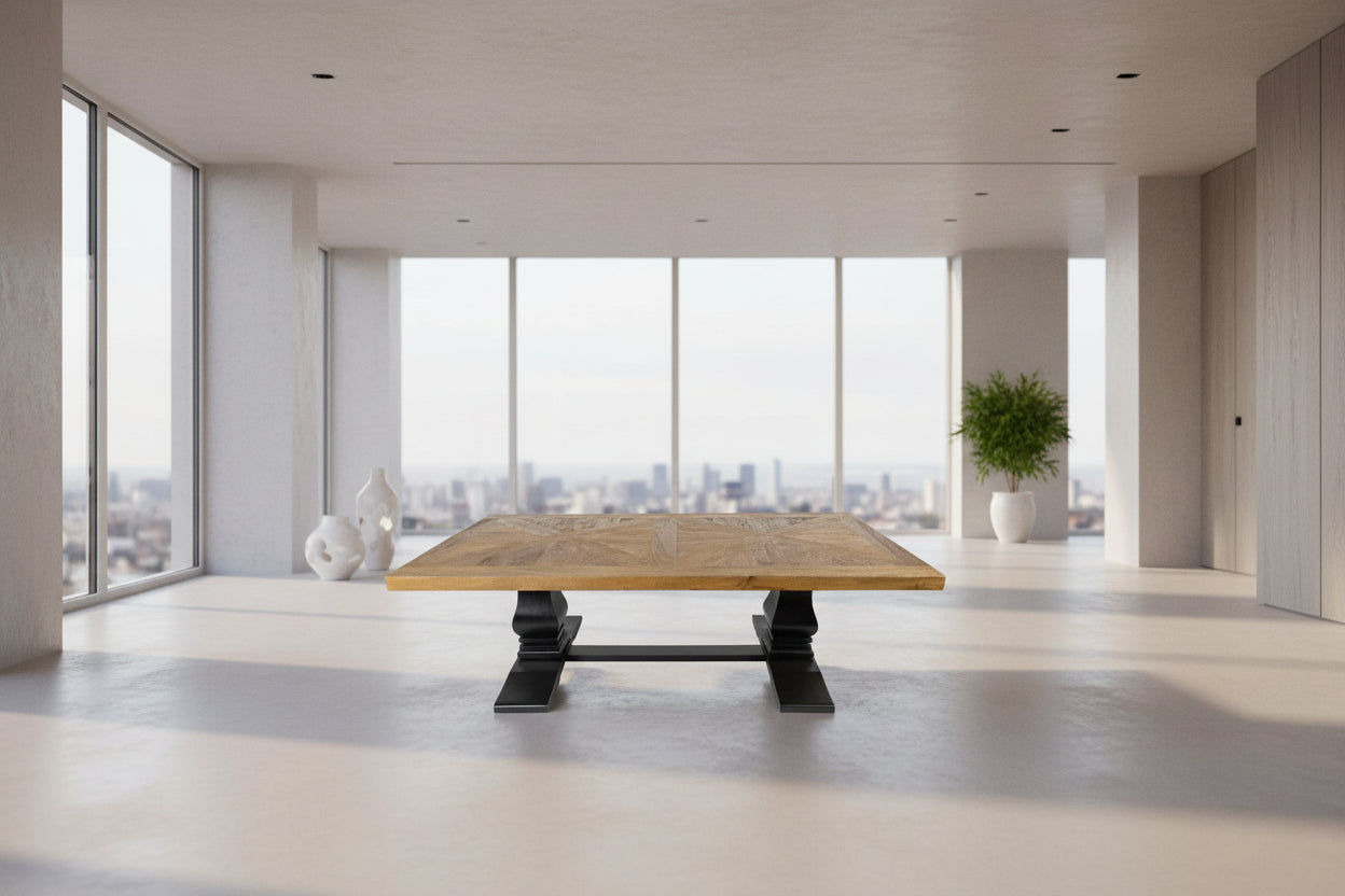 SORANZO MANGO WOOD COFFEE TABLE HANDCRAFTED PARQUET TOP OAK/BLACK 140CM FRENCH PROVINCIAL - MyChocolateWood