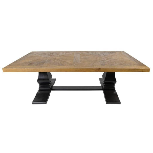 Handcrafted SORANZO mango wood coffee table with parquet top in oak and black finish, 140cm, French Provincial style by MyChocolateWood.