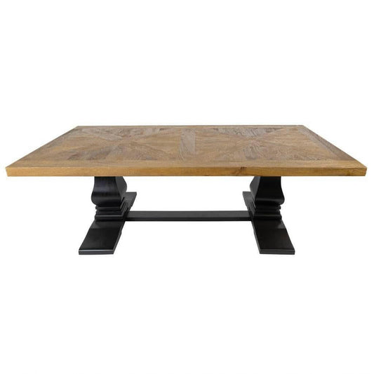 Handcrafted SORANZO mango wood coffee table with parquet top in oak and black finish, 140cm, French Provincial style by MyChocolateWood.