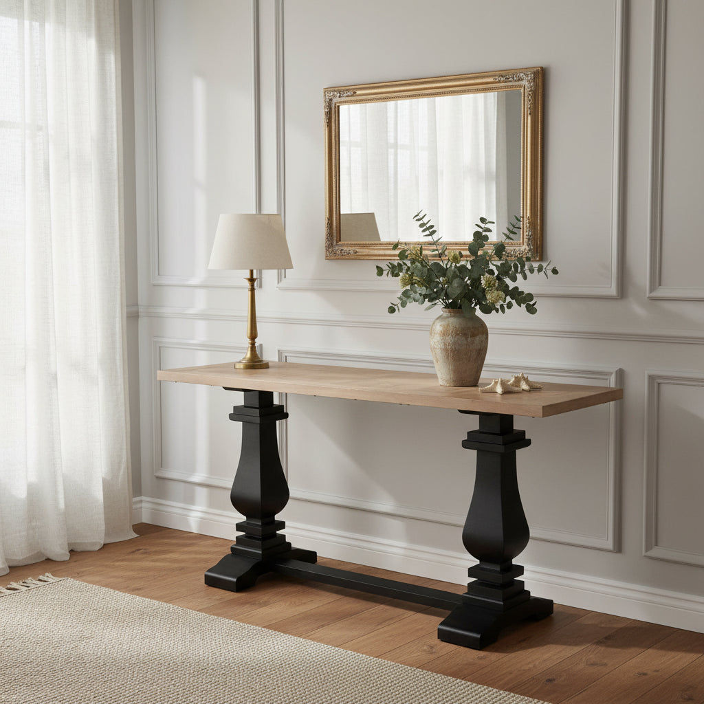 Handcrafted SORANZO Mango Wood Console Table with parquet top, oak and black finish, 160cm French Provincial style by MyChocolateWood