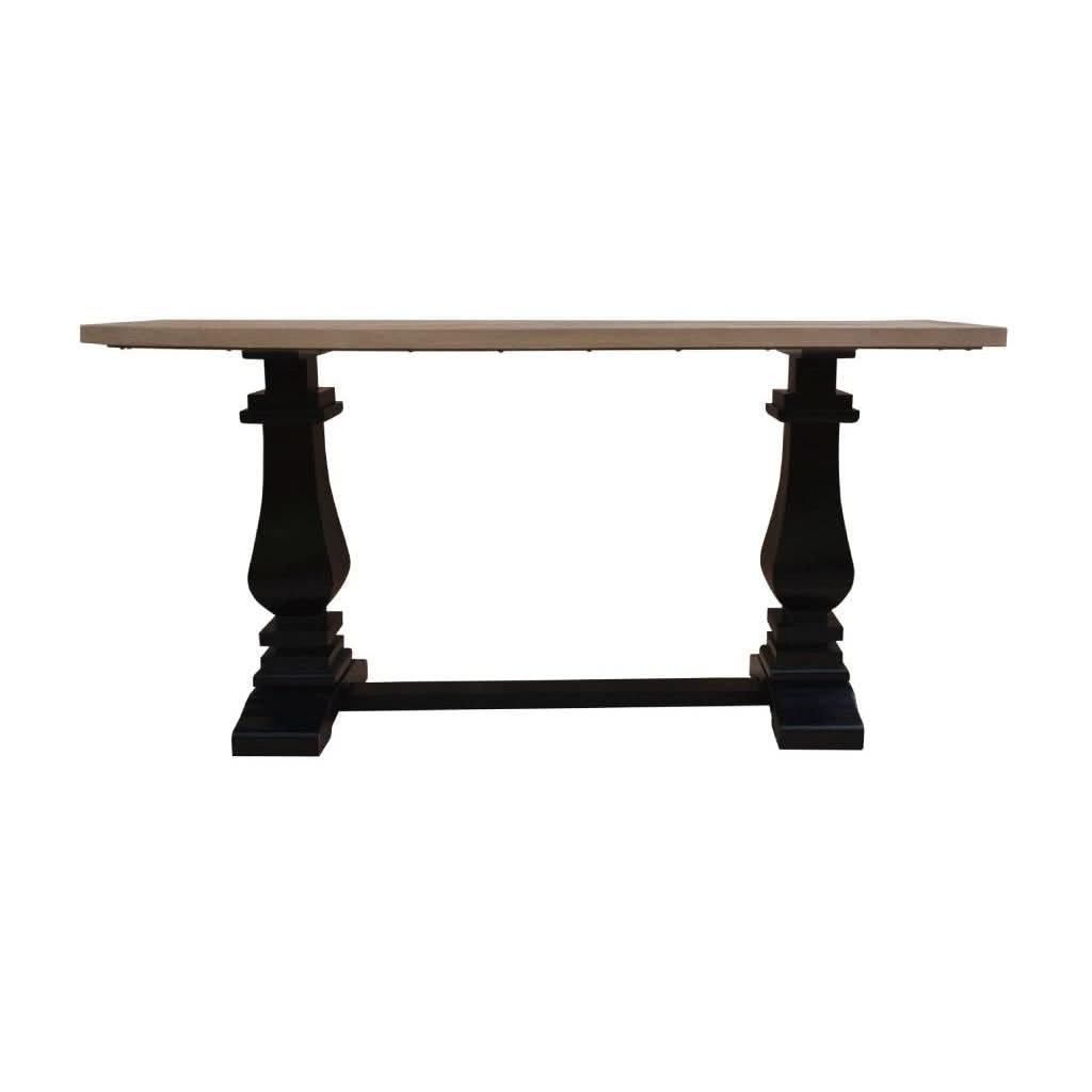 Handcrafted SORANZO mango wood console table with parquet top, oak and black finish, 160cm, French Provincial style by MyChocolateWood.