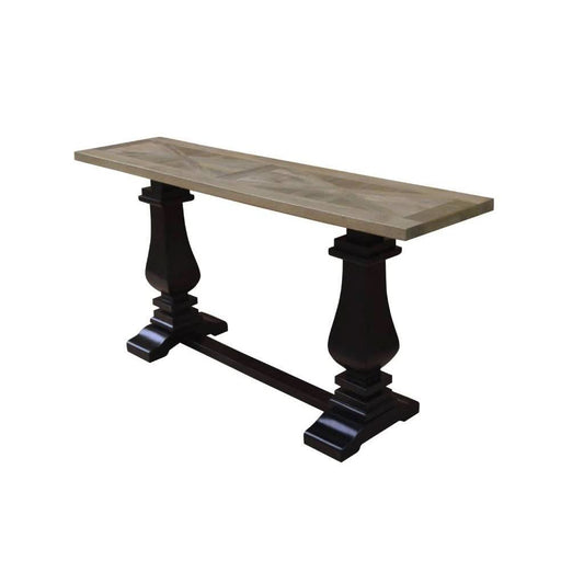 Handcrafted SORANZO Mango Wood Console Table with parquet top, oak and black finish, 160cm French Provincial style by MyChocolateWood.