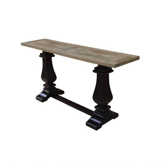 Handcrafted SORANZO Mango Wood Console Table with parquet top, oak and black finish, 160cm French Provincial style by MyChocolateWood.