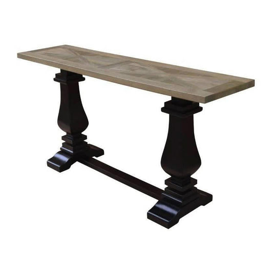 Handcrafted SORANZO Mango Wood Console Table with parquet top, oak and black finish, 160cm French Provincial style by Chocolate Wood.