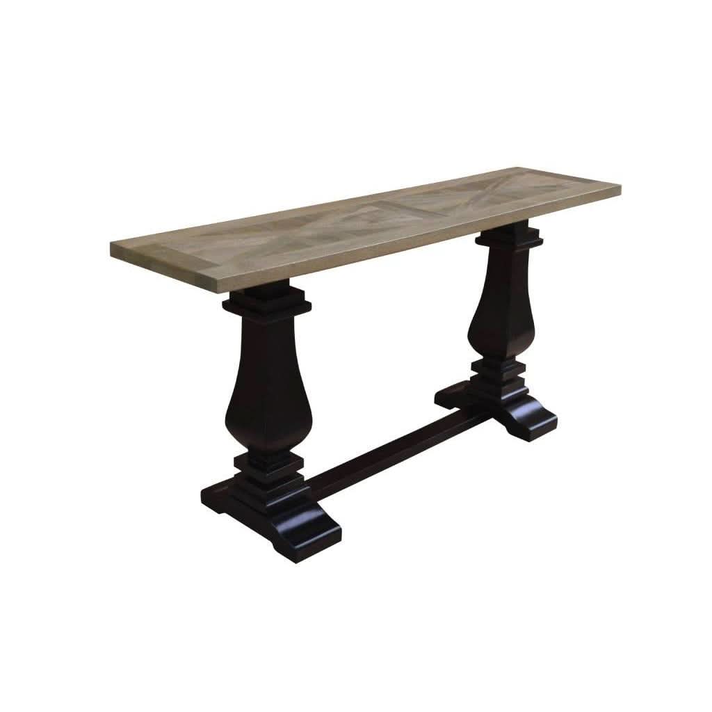 Handcrafted SORANZO mango wood console table with parquet top, black finish, 160cm length, in French Provincial style by MyChocolateWood.