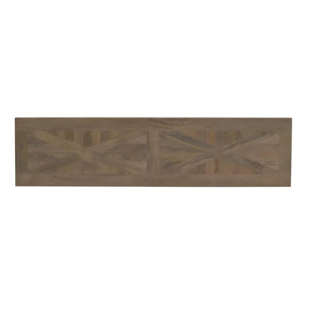 Handcrafted SORANZO mango wood console table with parquet top, oak and black finish, 160cm French Provincial style by MyChocolateWood.