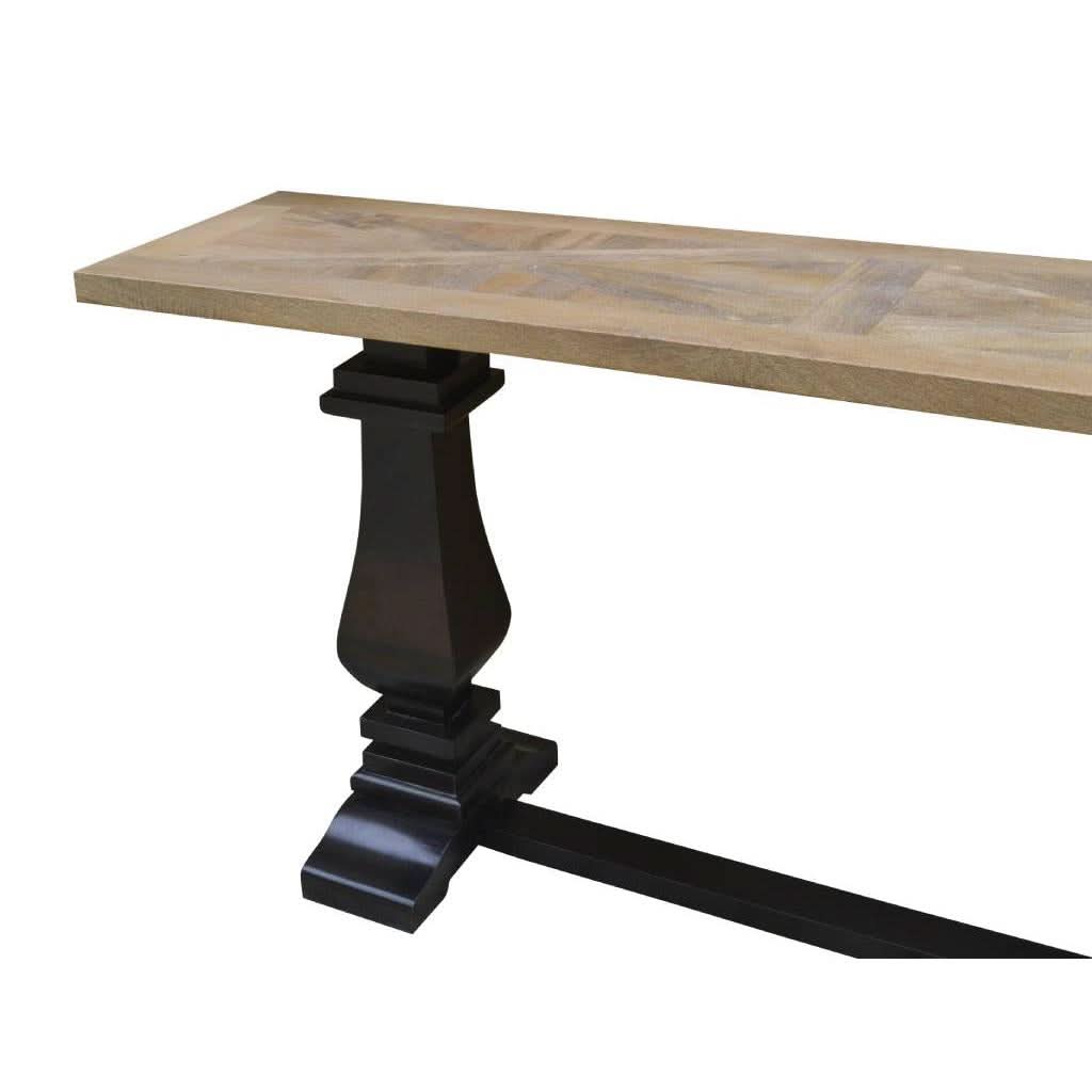 Handcrafted SORANZO mango wood console table with parquet top in oak and black finish, 160cm French Provincial style.