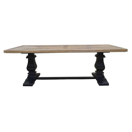 SORANZO MANGO WOOD DINING TABLE HANDCRAFTED PARQUET TOP OAK/BLACK 230CM & 8 OPEL DINING CHAIRS - MyChocolateWood