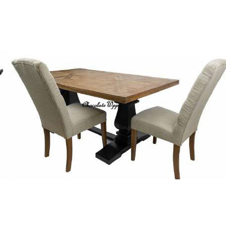 SORANZO MANGO WOOD DINING TABLE HANDCRAFTED PARQUET TOP OAK/BLACK 230CM & 8 OPEL DINING CHAIRS - MyChocolateWood