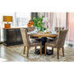 SORANZO MANGO WOOD ROUND DINING TABLE HANDCRAFTED PARQUET TOP OAK/BLACK 135CM & 4 OPEL DINING CHAIRS - MyChocolateWood