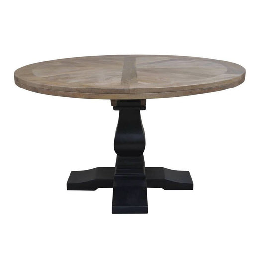 Handcrafted SORANZO mango wood round dining table with parquet top in oak and black, 135cm, paired with four Opel dining chairs.