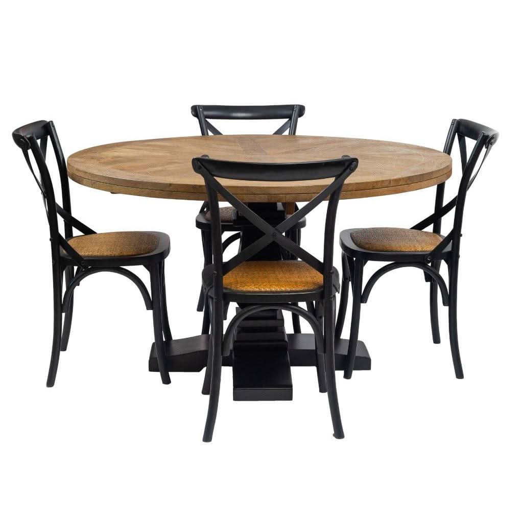 SORANZO MANGO WOOD ROUND DINING TABLE HANDCRAFTED PARQUET TOP OAK/BLACK 135CM FRENCH PROVINCIAL - MyChocolateWood