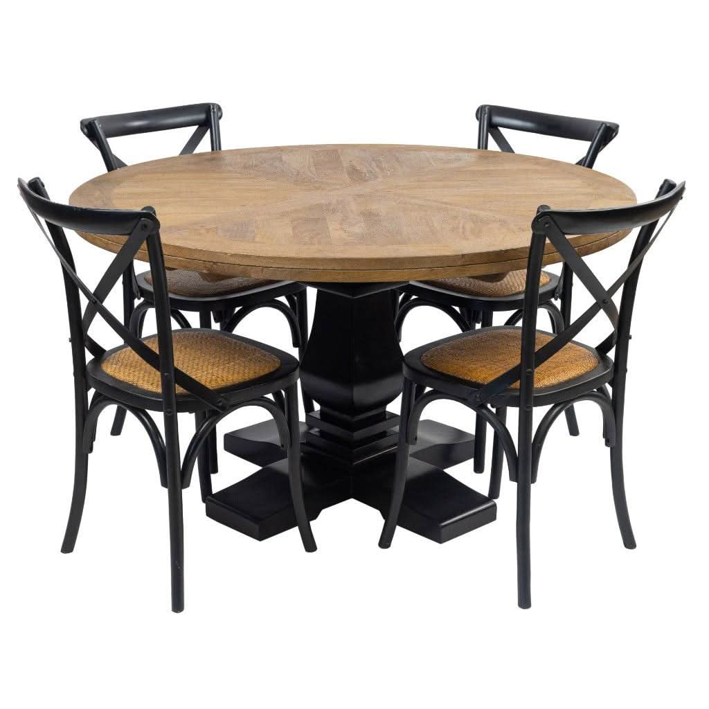 Handcrafted SORANZO Mango Wood Round Dining Table with parquet top in oak and black finish, 135cm, French Provincial style.