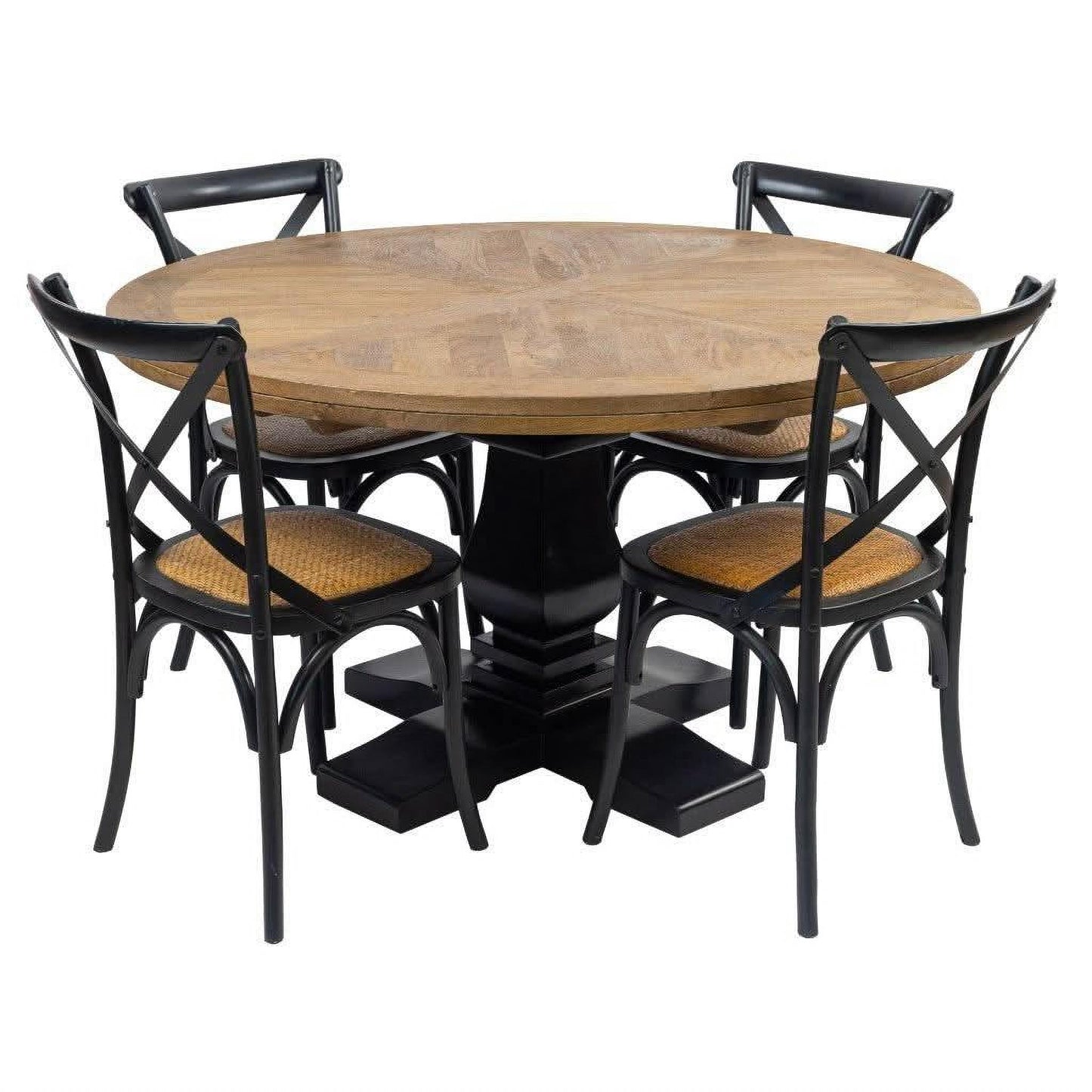 Handcrafted SORANZO Mango Wood Round Dining Table with parquet top in oak and black finish, 135cm, French Provincial style.