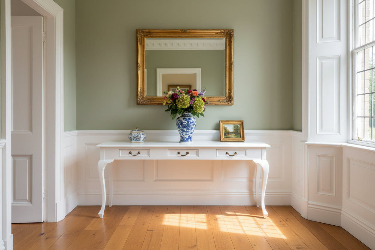 Stewart Queen Ann Style Solid Mahogany Console Table 3 Drawers 180cm in White - Chocolate Wood