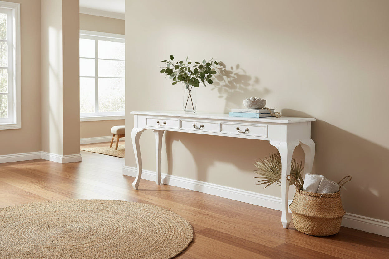 STEWART QUEEN ANN SOLID MAHOGANY 3 DRAWERS CONSOLE TABLE/HALL TABLE IN SOLID WHITE 180CM - MyChocolateWood