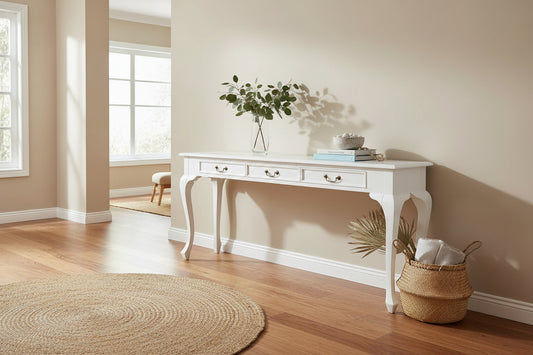 STEWART QUEEN ANN SOLID MAHOGANY 3 DRAWERS CONSOLE TABLE/HALL TABLE IN SOLID WHITE 180CM - MyChocolateWood