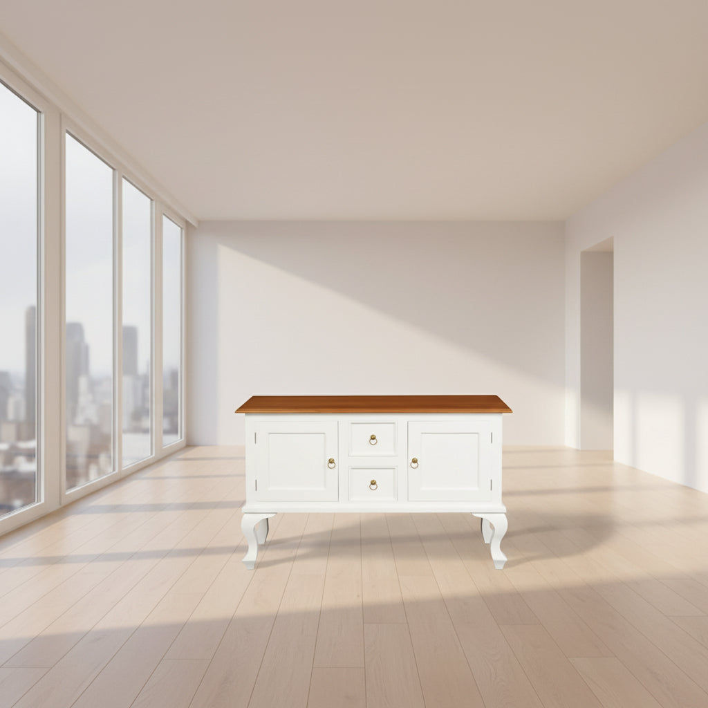 STEWART QUEEN ANN STYLE SOLID MAHOGANY 2 DOORS 2 DRAWERS SOFA TABLE IN WHITE/CARAMEL130CM - MyChocolateWood