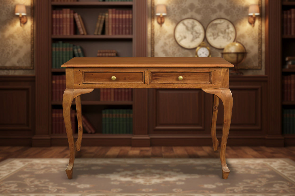 STEWART QUEEN ANN STYLE SOLID MAHOGANY 2 DRAWER 105CM DESK IN LIGHT PECAN - MyChocolateWood