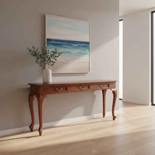 STEWART QUEEN ANN STYLE SOLID MAHOGANY 3 DRAWERS 180CM CONSOLE TABLE IN MAHOGANY - MyChocolateWood