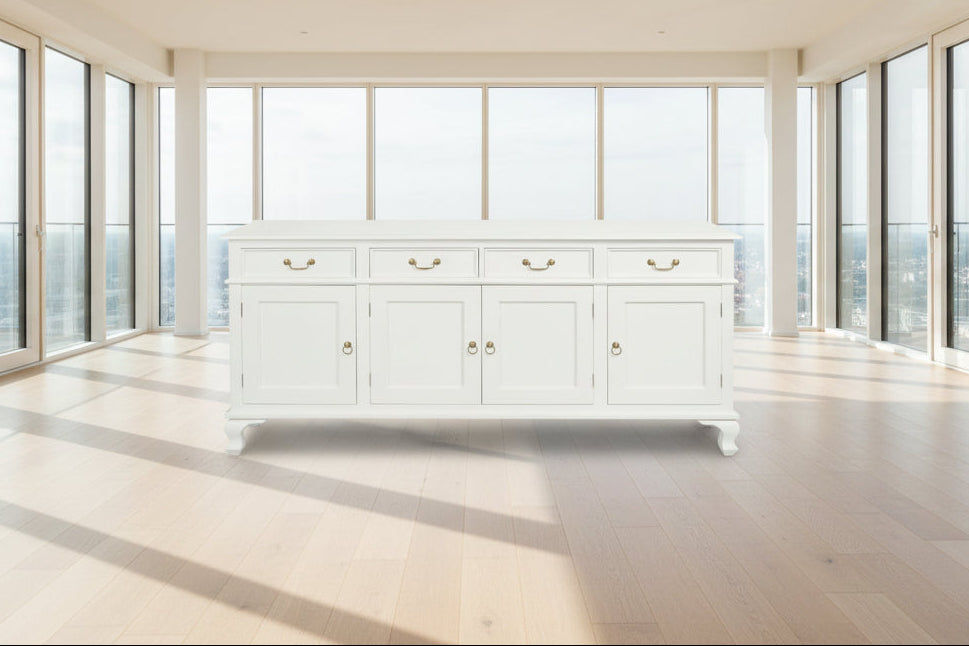 STEWART QUEEN ANN STYLE SOLID MAHOGANY 4 DOORS 4 DRAWERS 200CM BUFFET/SIDEBOARD IN SOLID WHITE - MyChocolateWood