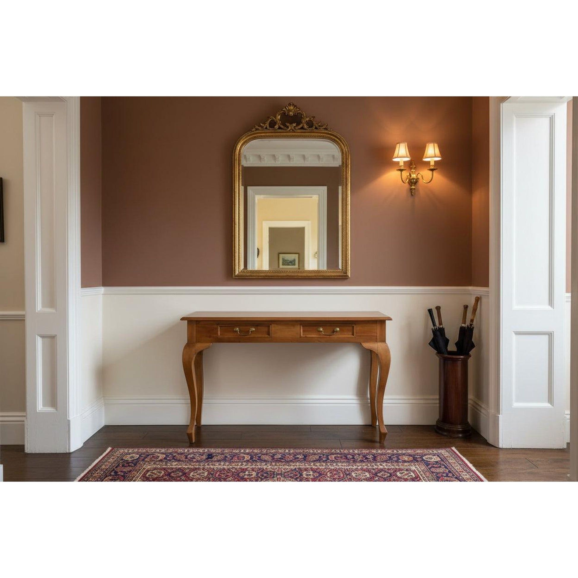 Stewart Queen Ann Style Solid Mahogany Console Table / Hall Table 2 Drawers 120cm in Light Pecan - Chocolate Wood