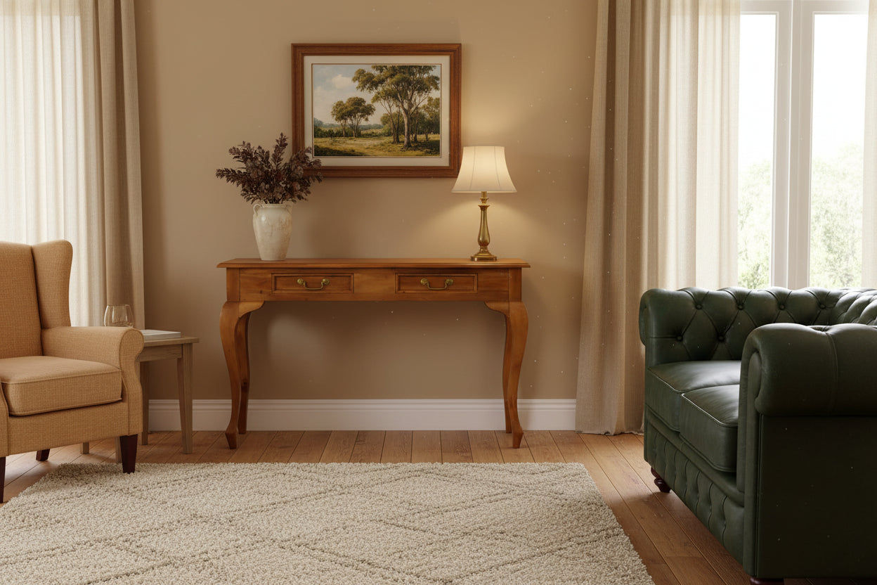 STEWART QUEEN ANN STYLE SOLID MAHOGANY CONSOLE TABLE/CONSOLE IN LIGHT PECAN - MyChocolateWood