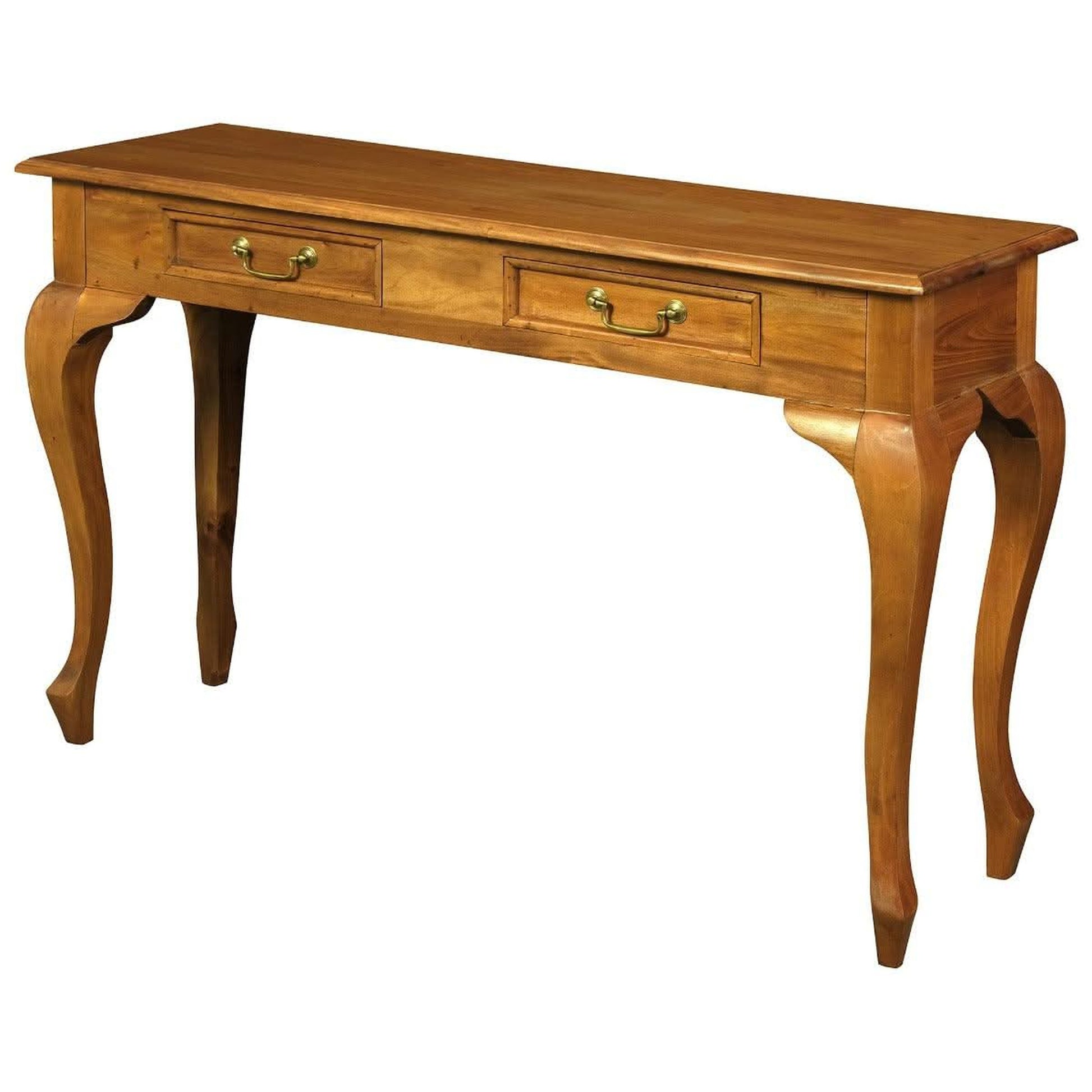 Stewart Queen Ann Style Solid Mahogany Console Table / Hall Table 2 Drawers 120cm in Light Pecan - Chocolate Wood