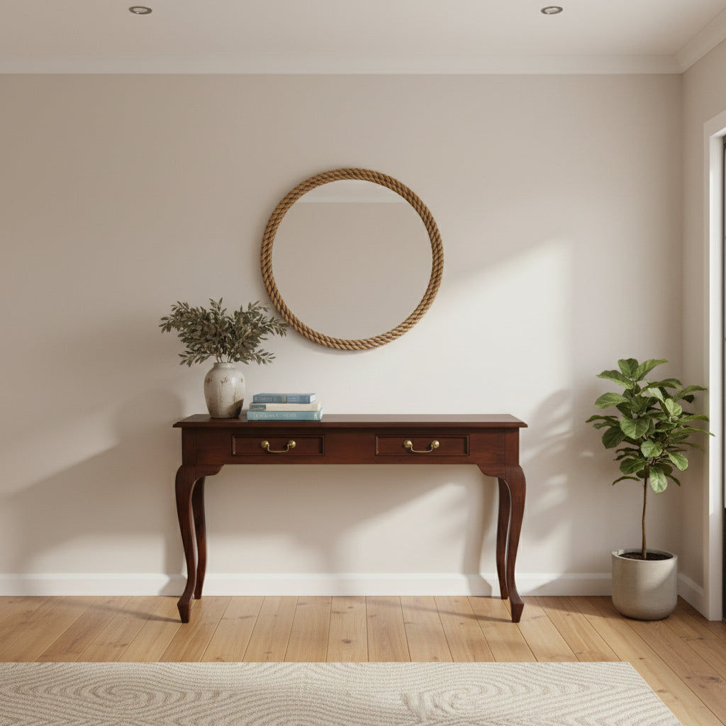 STEWART QUEEN ANN STYLE SOLID MAHOGANY  CONSOLE TABLE/HALL TABLE 2 DRAWERS IN MAHOGANY COLOUR 120CM - MyChocolateWood